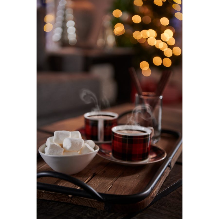 Plaid mugs of hot cocoa and marshmallows on a wood tray
